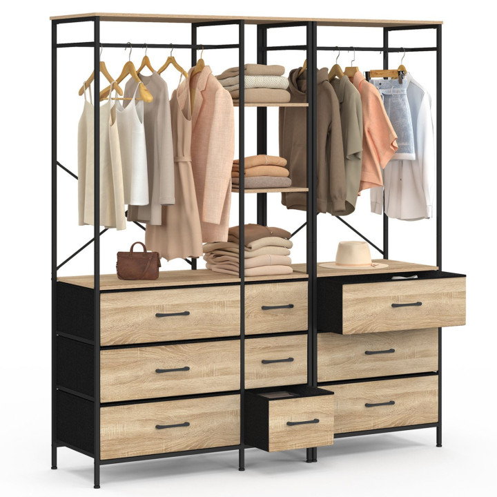 UTAH XXL modulaire kledingkast B. 150 cm met 3 legplanken en 9 bakken in hout en zwarte stof