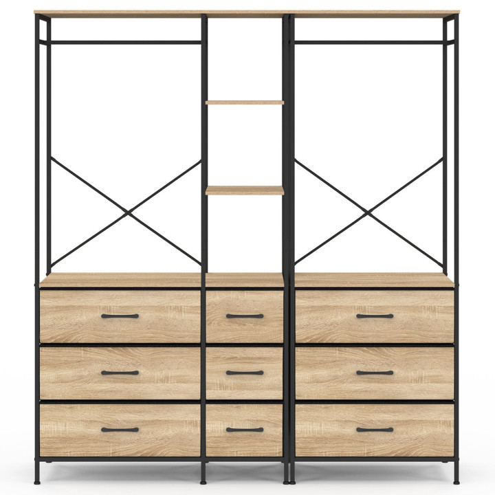 Dressing penderie modulable L. 150 cm UTAH XXL avec 2 étagères et 9 bacs en tissu bois et noir