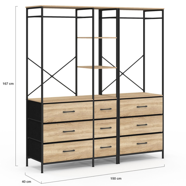 Armadio componibile UTAH XXL L. 150 cm con 3 ripiani e 9 contenitori in legno e tessuto nero
