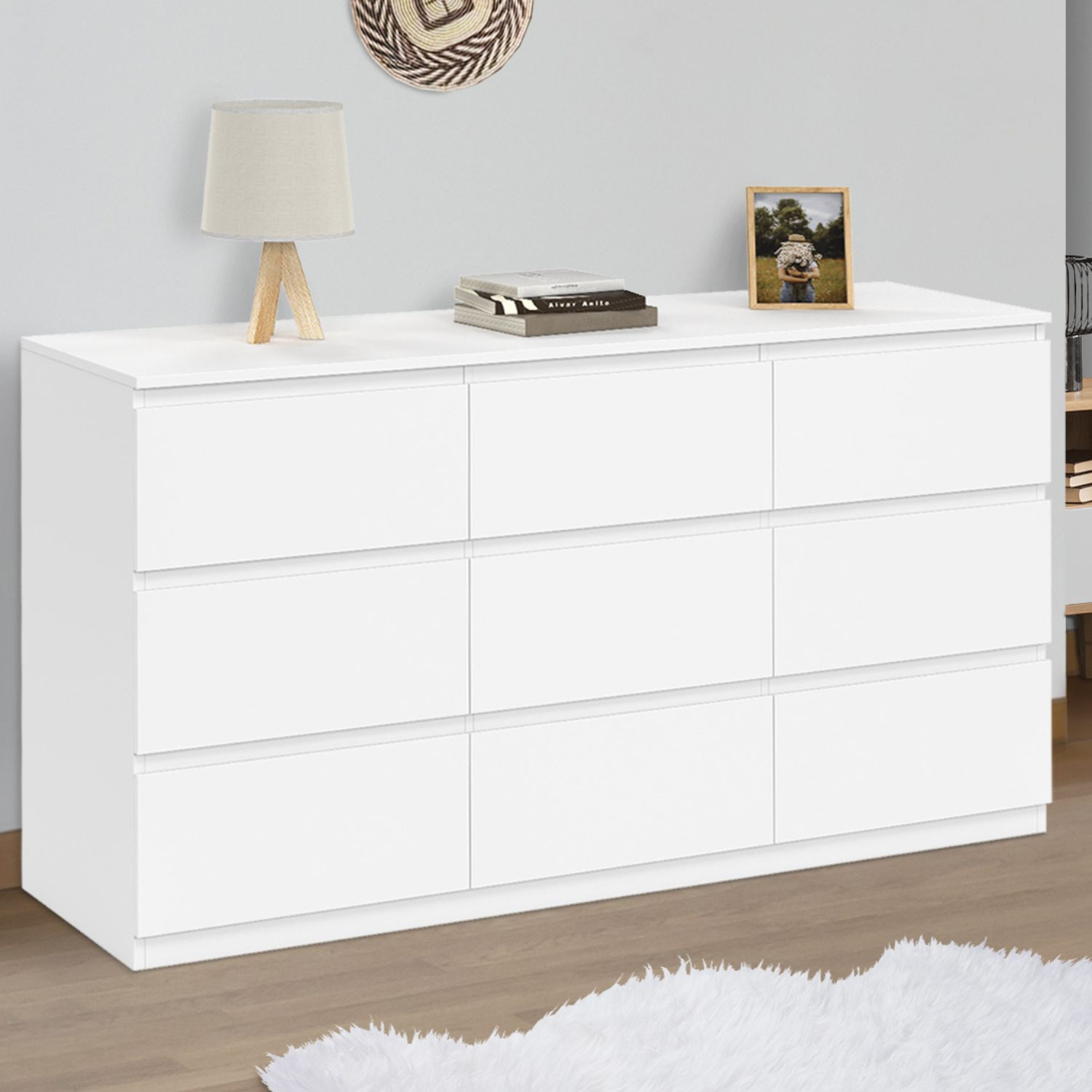 Commode 9 tiroirs 136 cm bois blanc