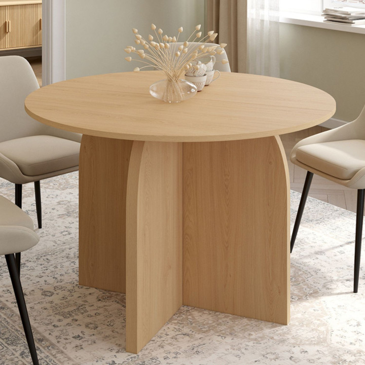 Table à manger fixe ronde ABY 6 personnes bois effet hêtre 110 cm