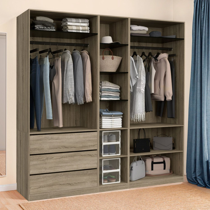 Dressing modulable TAYLOR 200 x 55 x 200 cm 3 modules avec penderies + étagères + tiroirs hêtre et noir