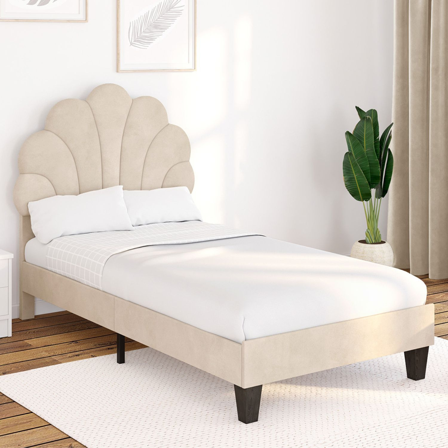 Lit simple coquillage 90 x 190 cm avec sommier velours beige