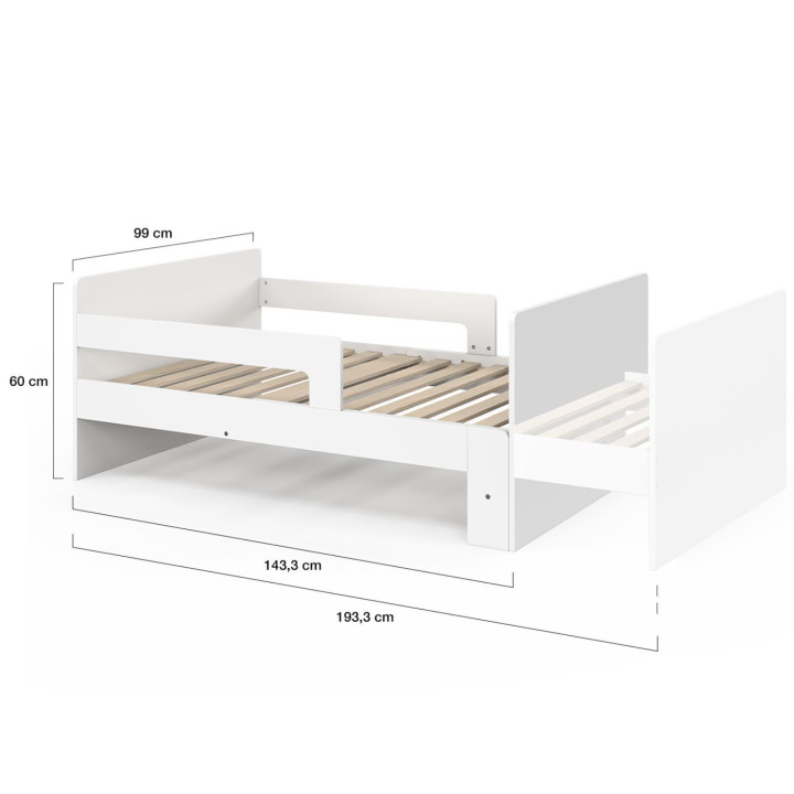 GASPARD ombouwbaar eenpersoonsbed 90 x 140/190 cm met lattenbodem en witte houten rails