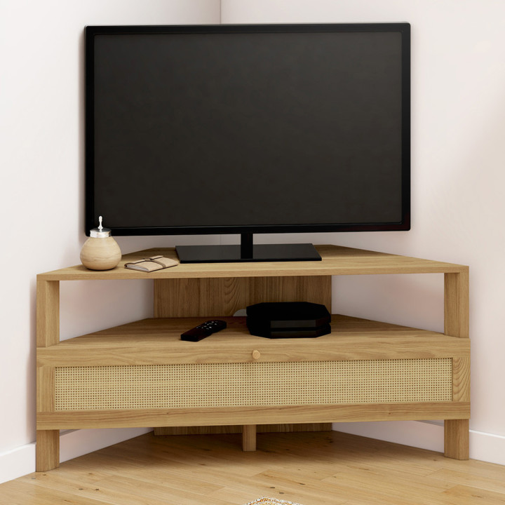 100 cm hoek TV meubel 1 deur natuurlijk riet effect - HANAE | IdMarket