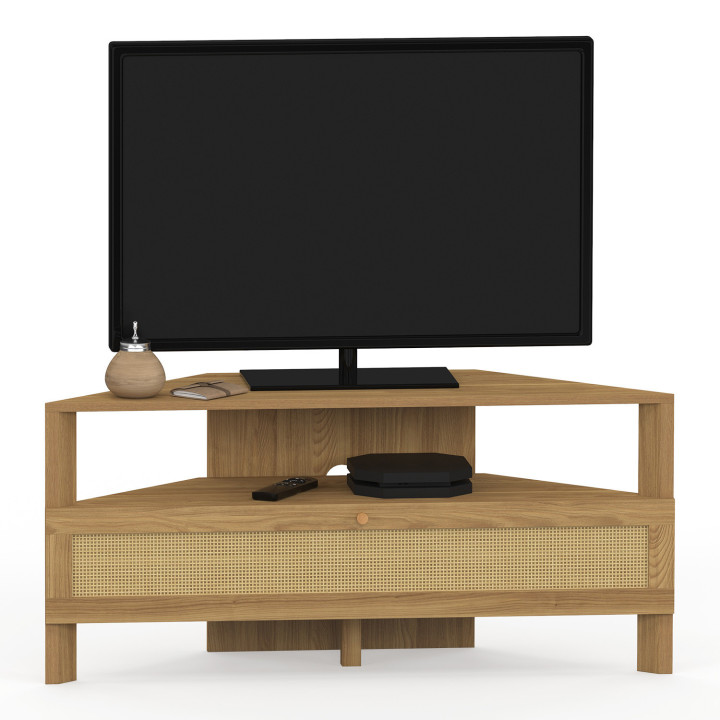 TV-Möbel 100 cm Eckschrank 1 Tür Natürlicher Effekt Rohrgeflecht - HANAE | IdMarket