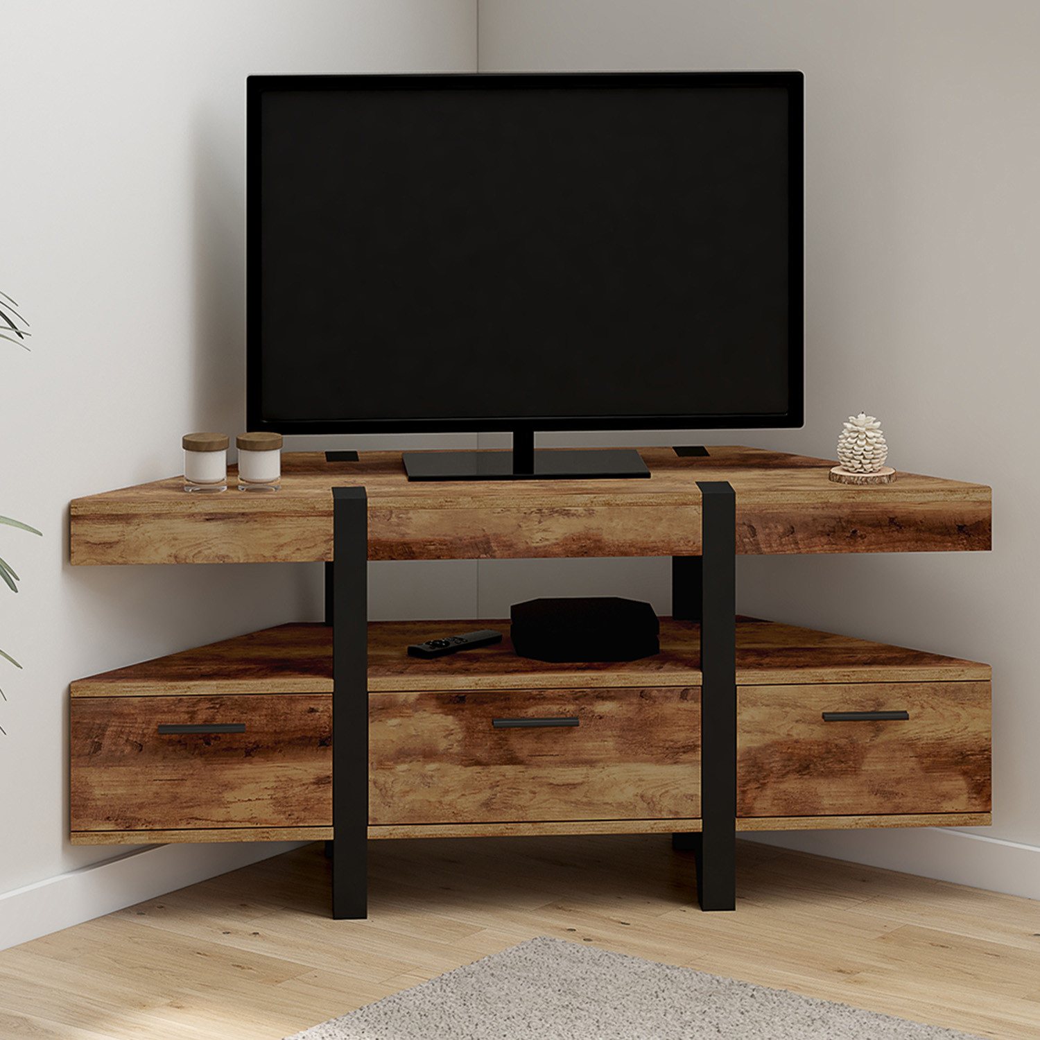 IDMARKET Meuble TV 110 cm d'angle AUSTRIA bois pied &eacute;pingle avec tiroirs