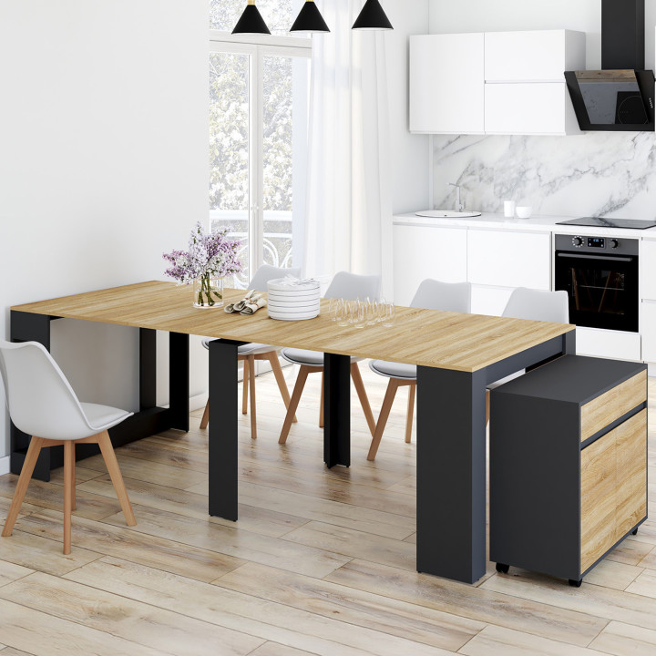 Table buffet extensible ORLANDO 10 personnes bois et noir 235 cm