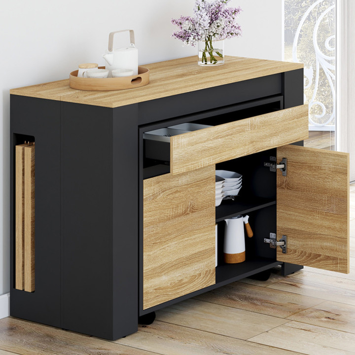 Buffet console extensible en table à manger rectangle ORLANDO 10 personnes bois et noir 235 cm