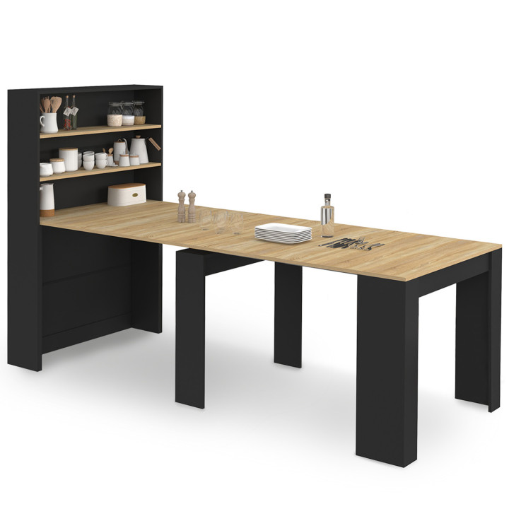 Buffet haut  console extensible en table à manger rectangle ORLANDO 8 personnes bois et noir 235 cm