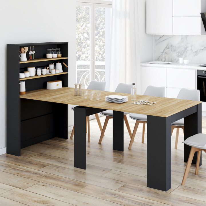 Buffet haut  console extensible en table à manger rectangle ORLANDO 8 personnes bois et noir 235 cm