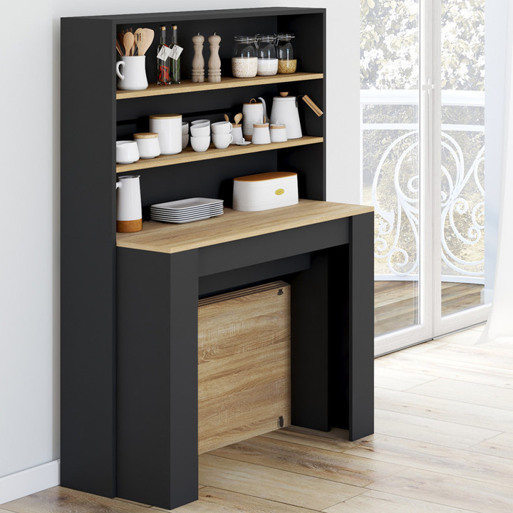 Buffet haut  console extensible en table à manger rectangle ORLANDO 8 personnes bois et noir 235 cm