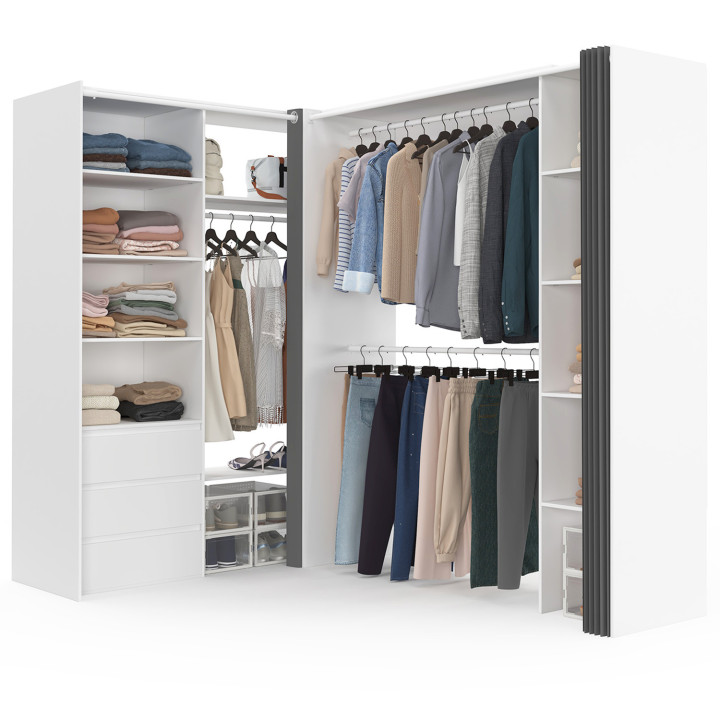 Armario rinconero extensible 200 x 150 x 180 cm blanco con armarios + cajones + estantes + cortinas grises - MARLON | IdMarket