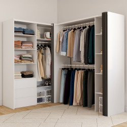 Ausziehbarer Eckkleiderschrank MARLON 200 x 150 x 180 cm weiß mit Garderobe + Schubladen + Regalen + grauen Vorhängen