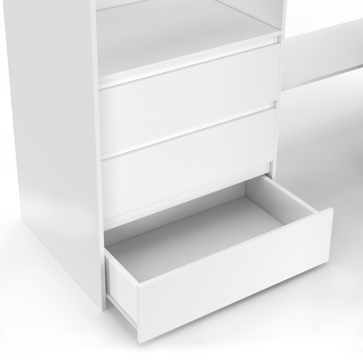 Dressing extensible d'angle MARLON 200 x 150 x 180 cm cm blanc avec penderies + tiroirs + étagères + rideaux gris