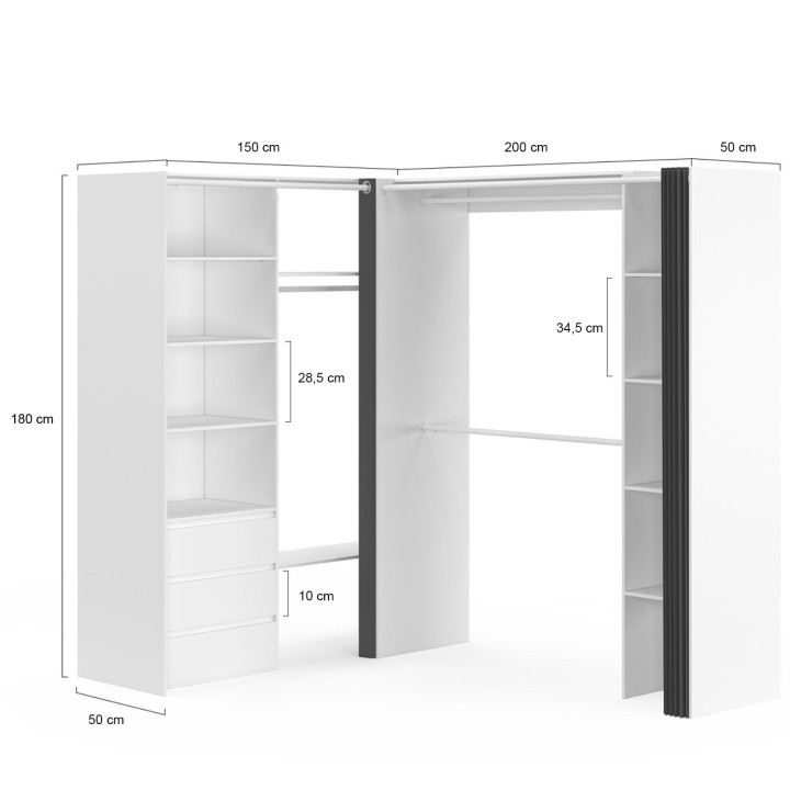 Armario rinconero extensible 200 x 150 x 180 cm blanco con armarios + cajones + estantes + cortinas grises - MARLON | IdMarket