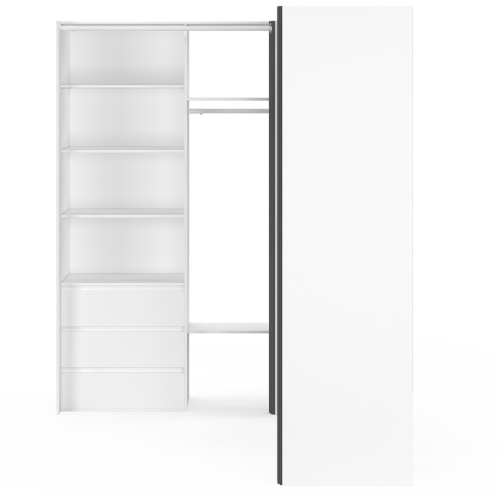 MARLON 200 x 150 x 180 cm witte hoekkast met kleerkasten + laden + legplanken + grijze gordijnen