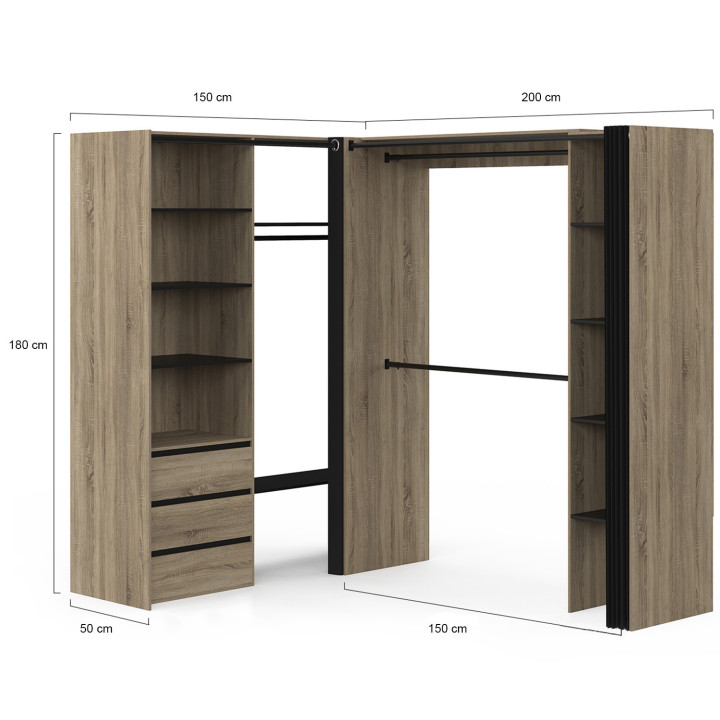 MARLON 200 x 150 x 180 cm armadio angolare in faggio con armadi + cassetti + ripiani + tende nere