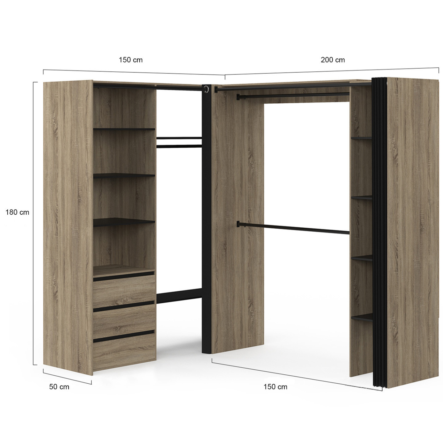 Armadio Angolare In Tessuto, 169x129x87 Cm, Nero, Con Doppia Asta, Per Camera Da Letto O Soggiorno