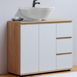 Mueble de baño con armario y 3 cajones en haya y blanco - TOMI | IdMarket