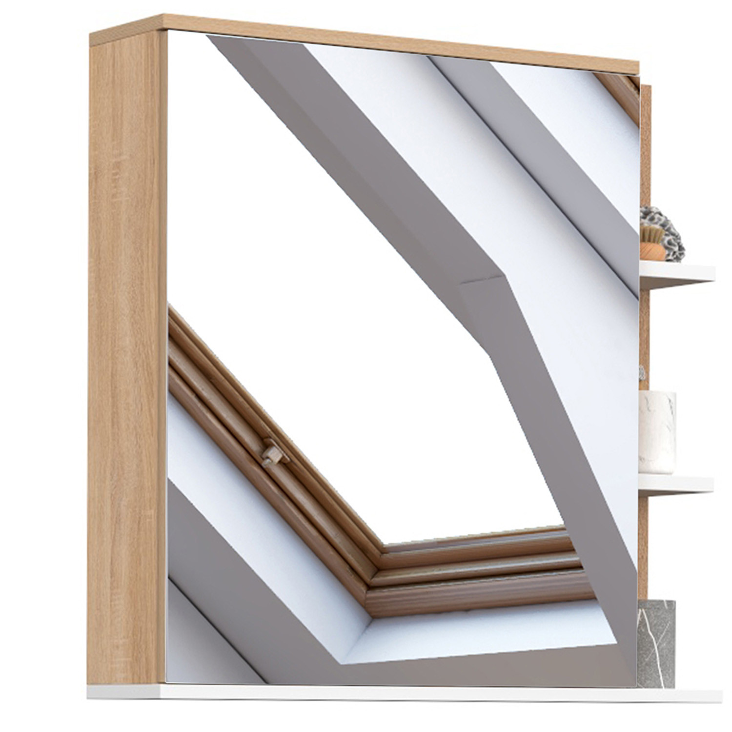 Meuble de rangement suspendu avec miroir et étagères pour salle de bain façon hêtre et blanc