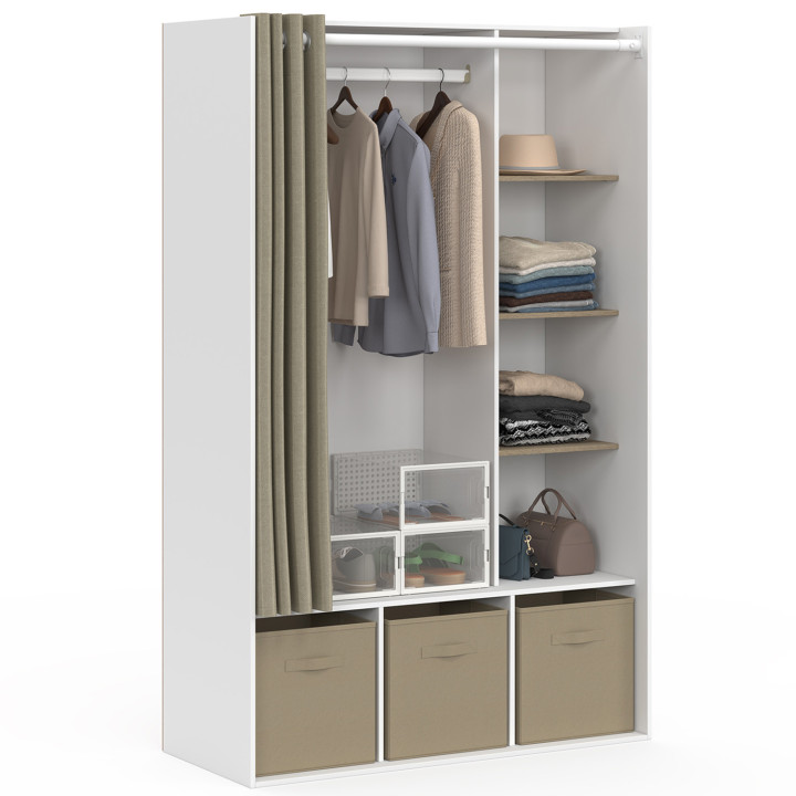 Dressing penderie DIANE 105 x 45 x 167 cm blanc avec étagères + boites de rangement + rideau taupe