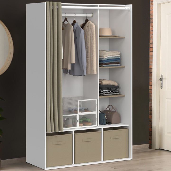 Vestidor blanco con estantes, almacenaje y cortina - DIANE | ID Market