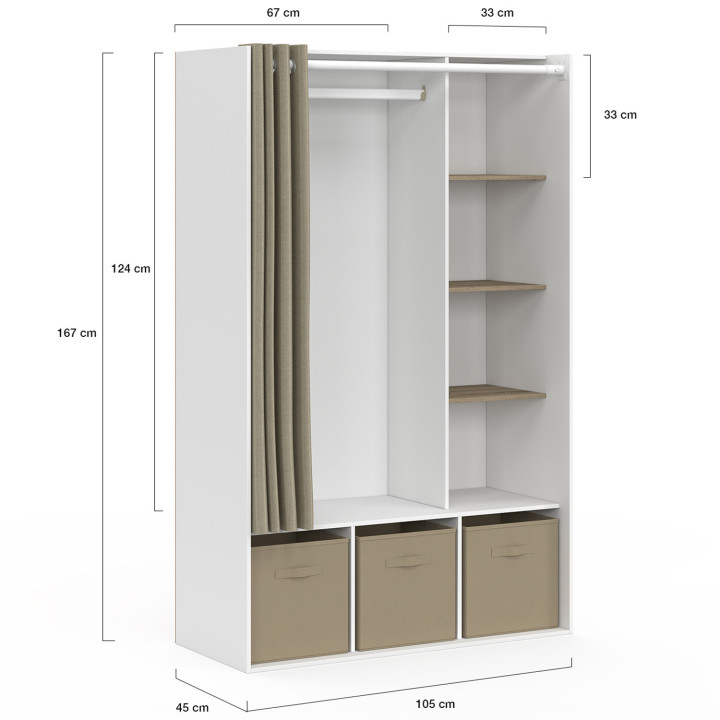 Vestidor blanco con estantes, almacenaje y cortina - DIANE | ID Market