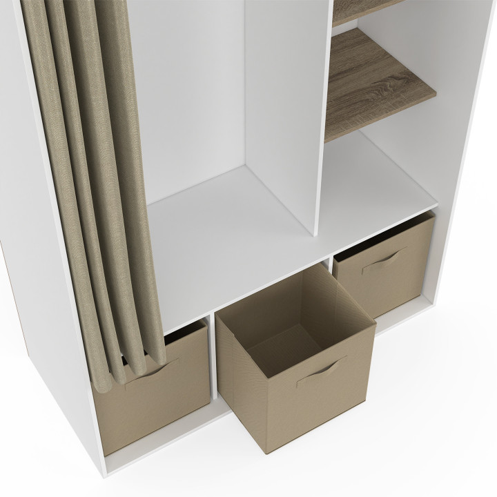 Dressing penderie DIANE 105 x 45 x 167 cm blanc avec étagères + boites de rangement + rideau taupe