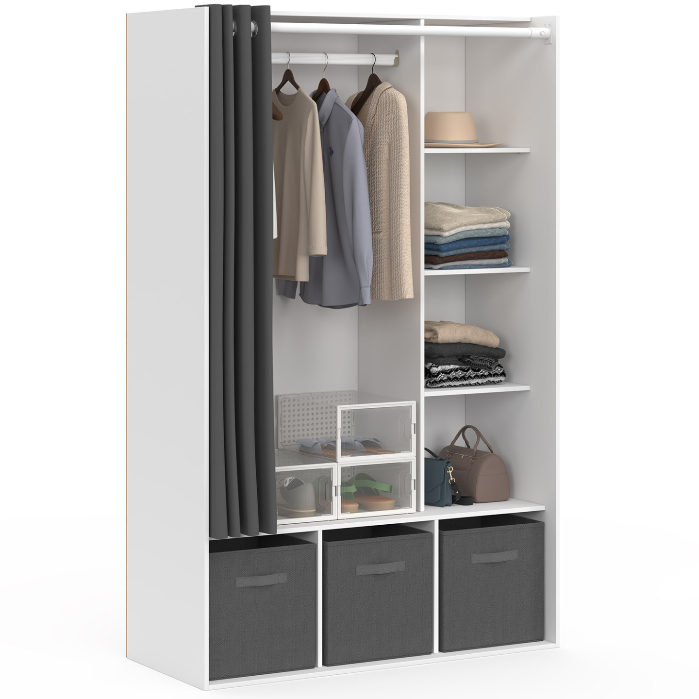 Ankleidezimmer Kleiderschrank weiß mit grauen Vorhängen Regale und Aufbewahrungsboxen - DIANE
