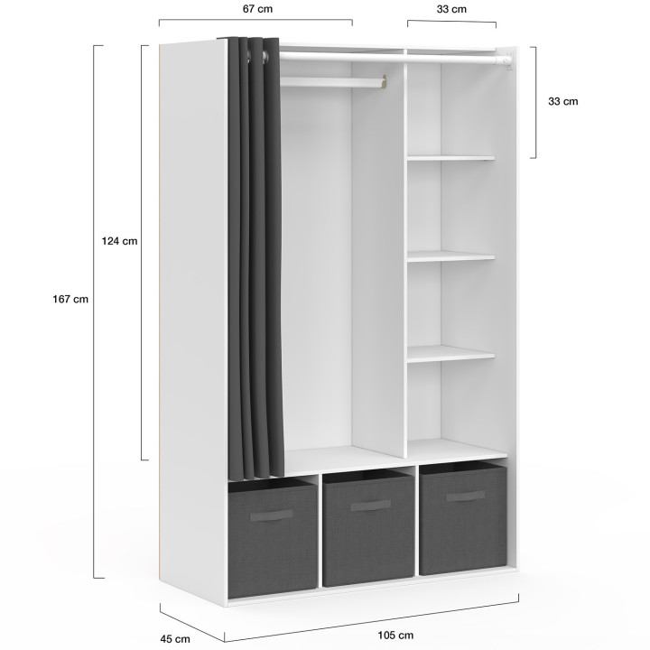 Dressing penderie DIANE 105 x 45 x 167 cm blanc avec étagères + boites de rangement + rideau gris