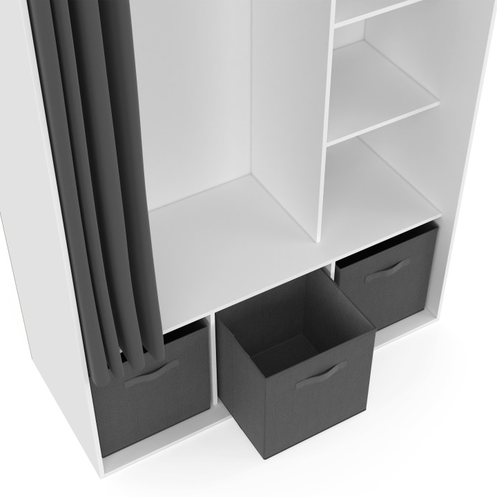 Armario blanco con cortinas grises estantes y cajas de almacenamiento - DIANE | ID Market