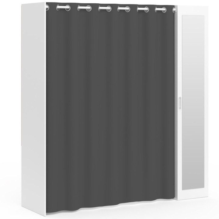 Dressing extensible MERYL 145/170 x 50 x 180 cm blanc avec étagères + double penderie + miroir + rideau gris