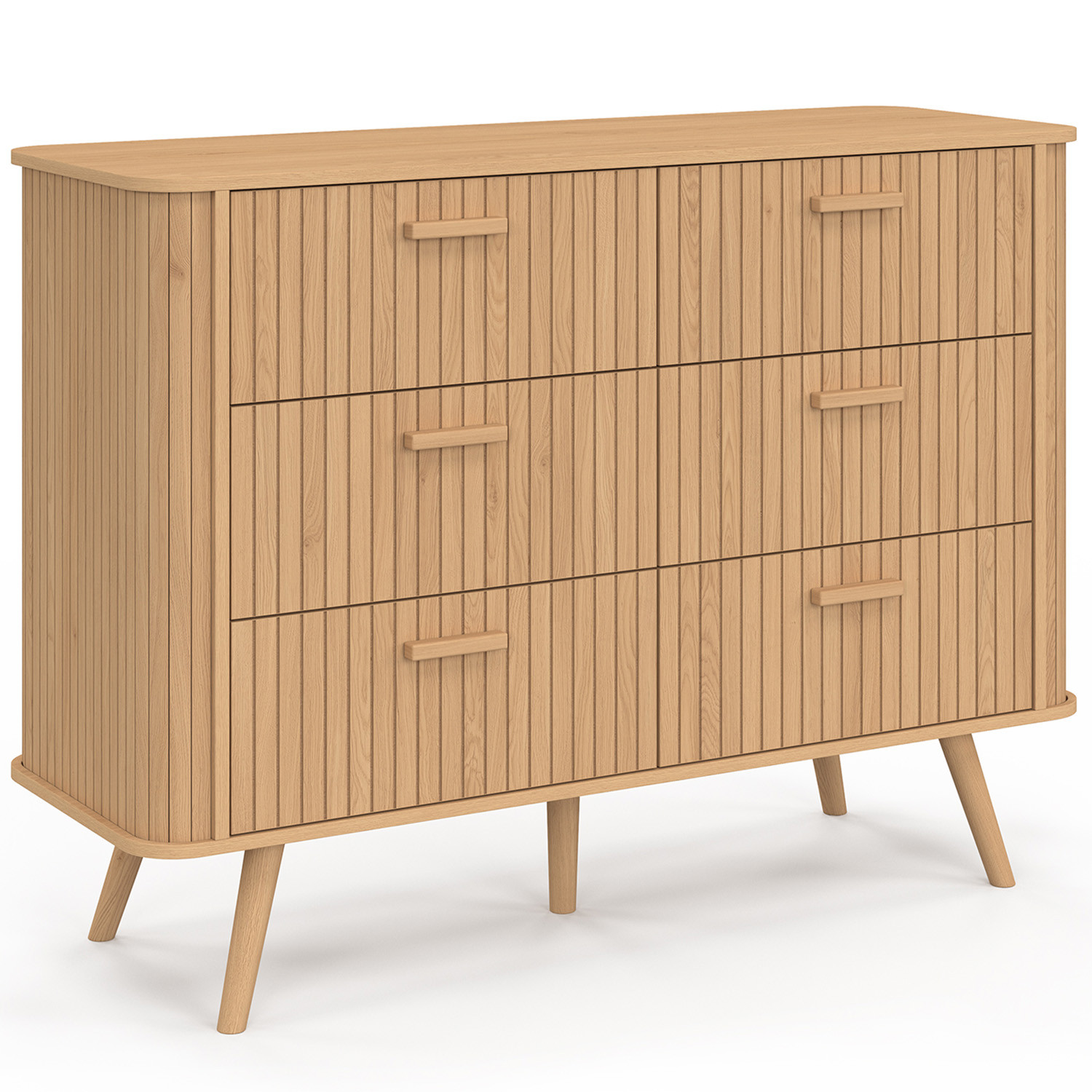 Commode 6 tiroirs 110 cm lattes tasseau bois coloris chêne