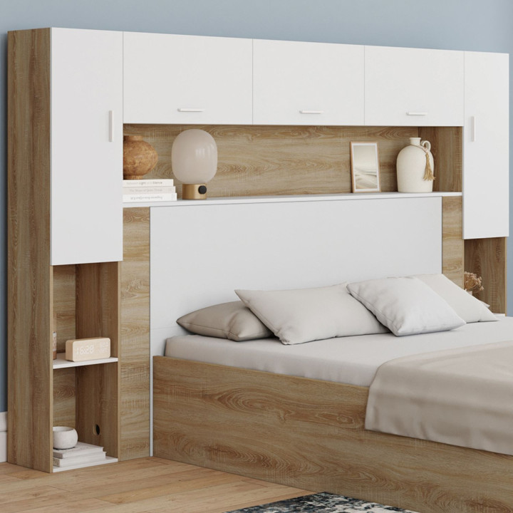 Ponte letto BRIDGET 226 cm con contenitori in legno e bianco