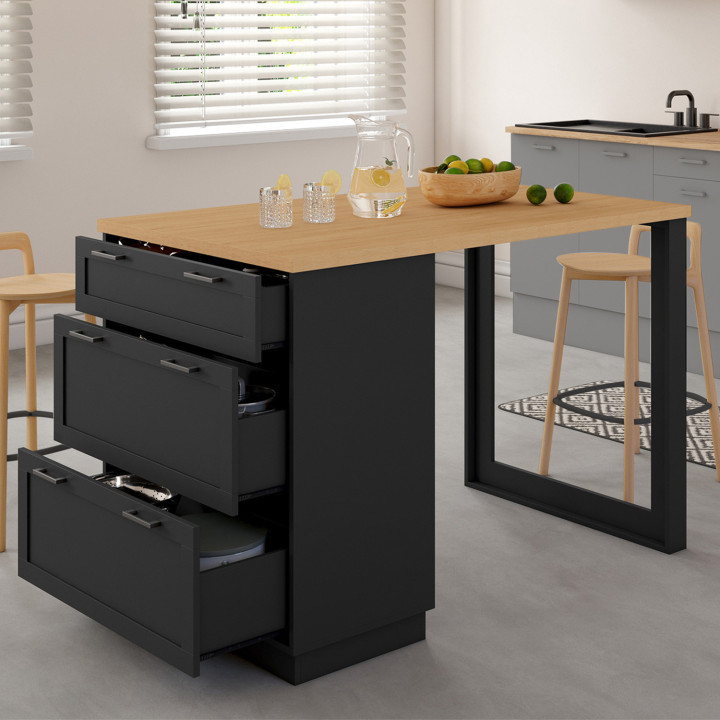 Mesa de isla central para 4 personas 130 cm con 3 cajones negros y tablero de madera - VITO | IdMarket