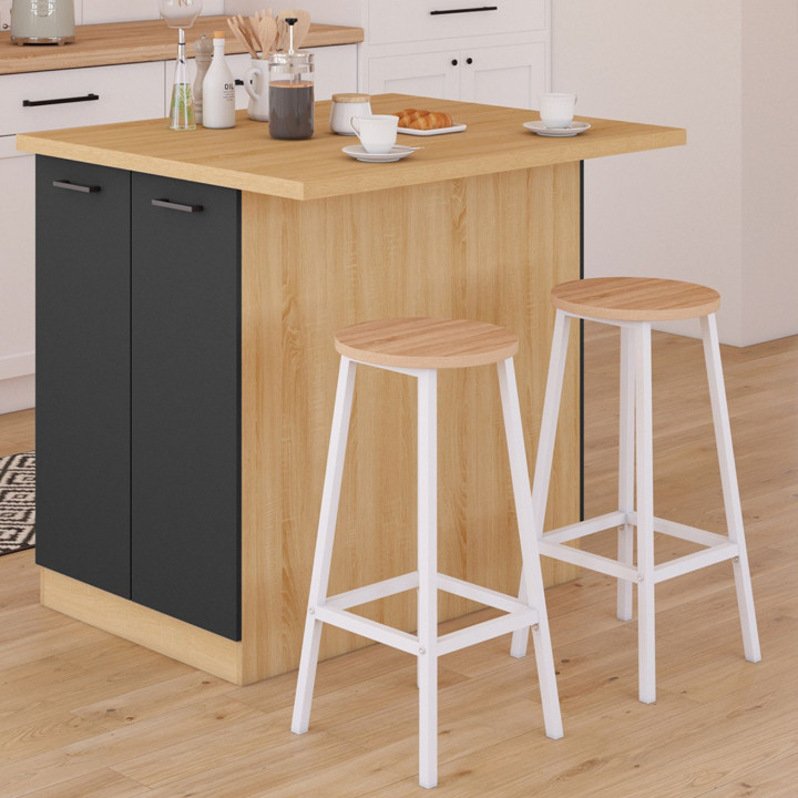 Ilot central IVO 100 cm bois façon hêtre portes noires avec plan de travail