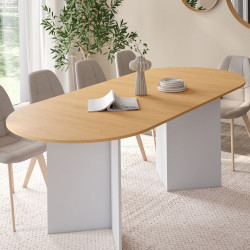 MARTHE mesa de comedor ovalada extensible 6-10 personas haya aspecto madera y blanco 160-200 cm