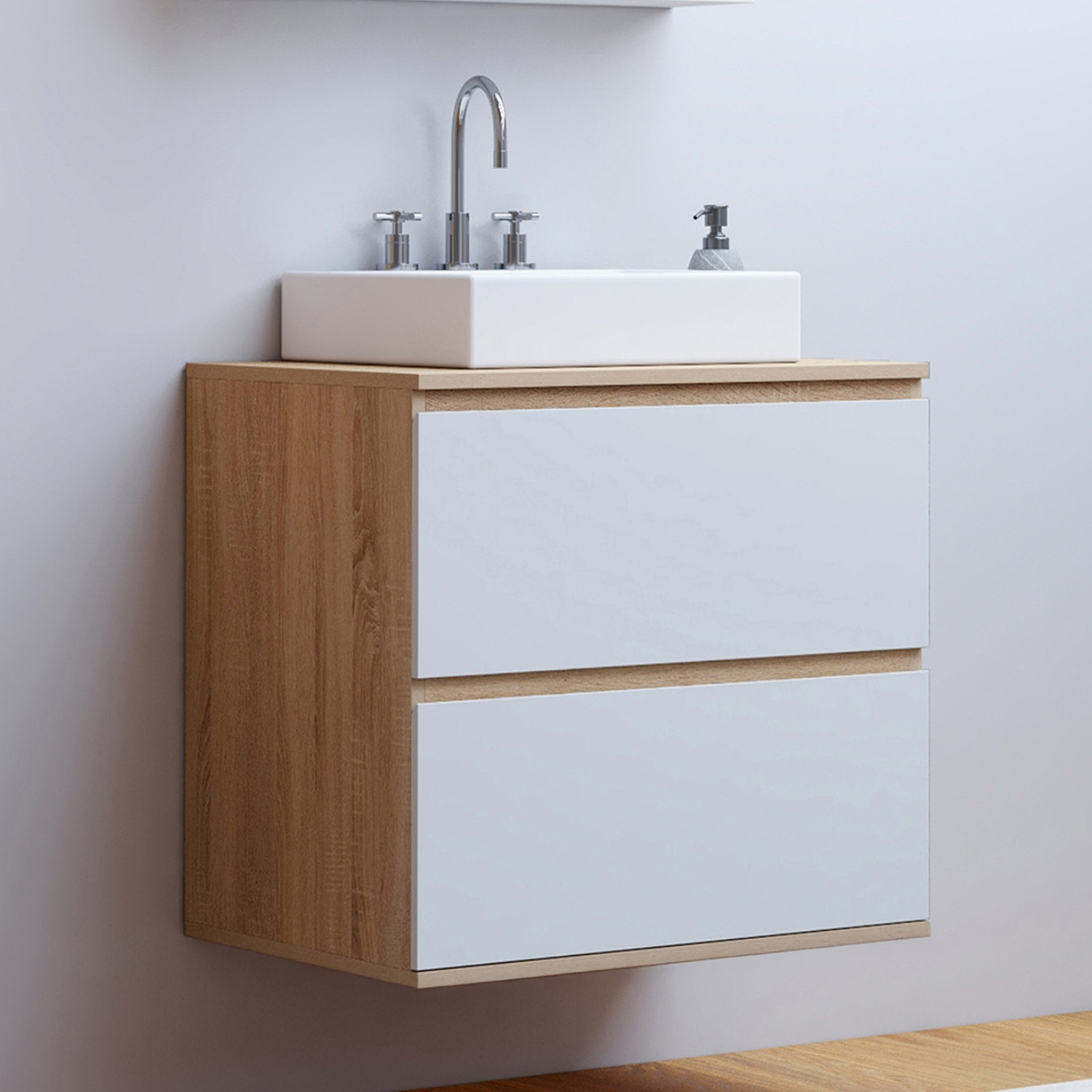 Meuble sous vasque suspendu salle de bain 2 tiroirs façon hêtre et blanc