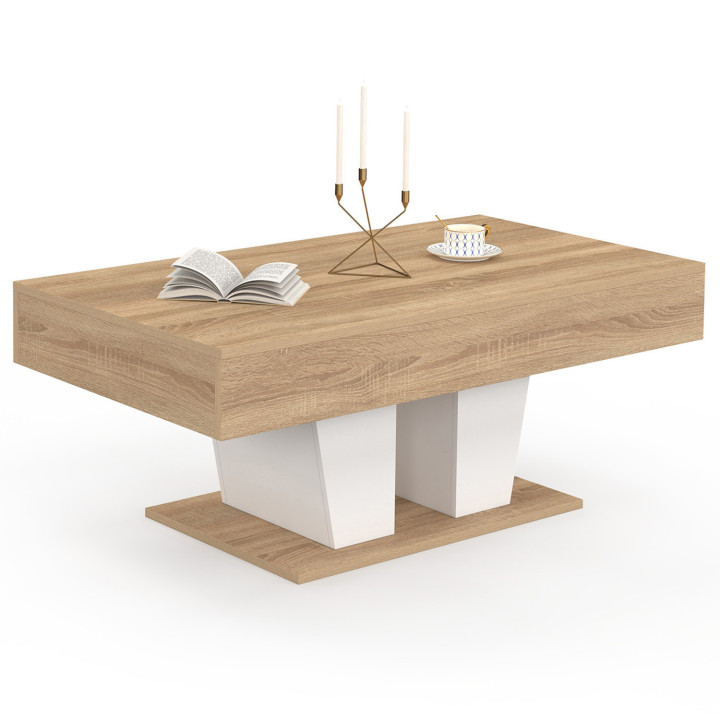 Table basse plateau relevable rectangulaire ELIAD bois et blanc