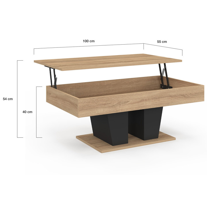 ELIAD rechthoekige salontafel met lifttop in hout en zwart