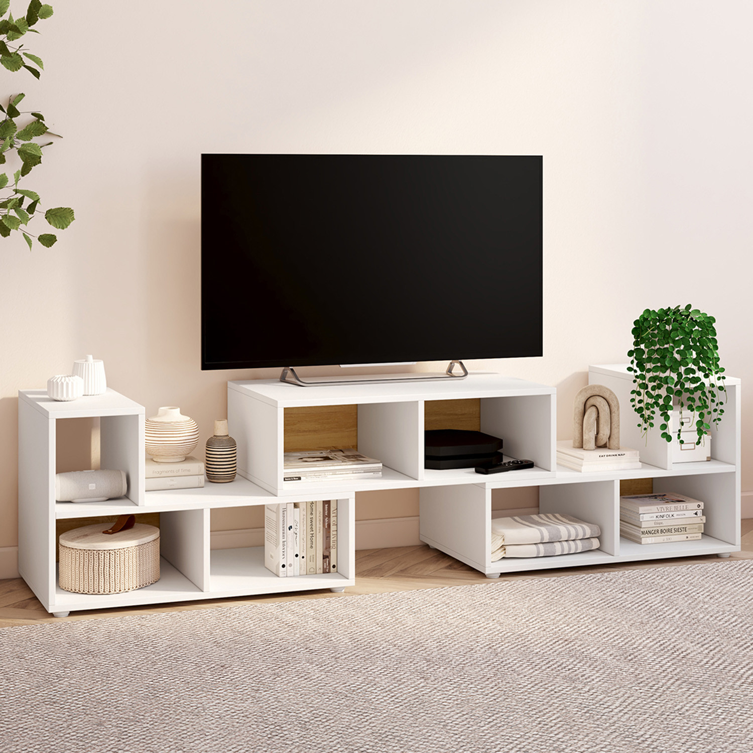 Meuble TV modulable 3 modules multifonction blanc et effet bois