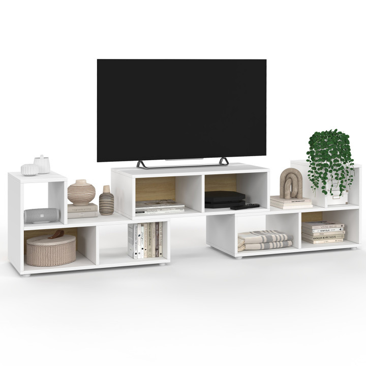 Soporte modular para TV con 3 módulos multifuncionales en blanco y efecto madera - LEONARD | IdMarket