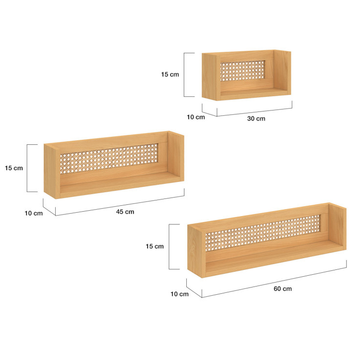 Set van 3 houten en rieten wandplanken 60/45/30 cm - EDHEN | IdMarket