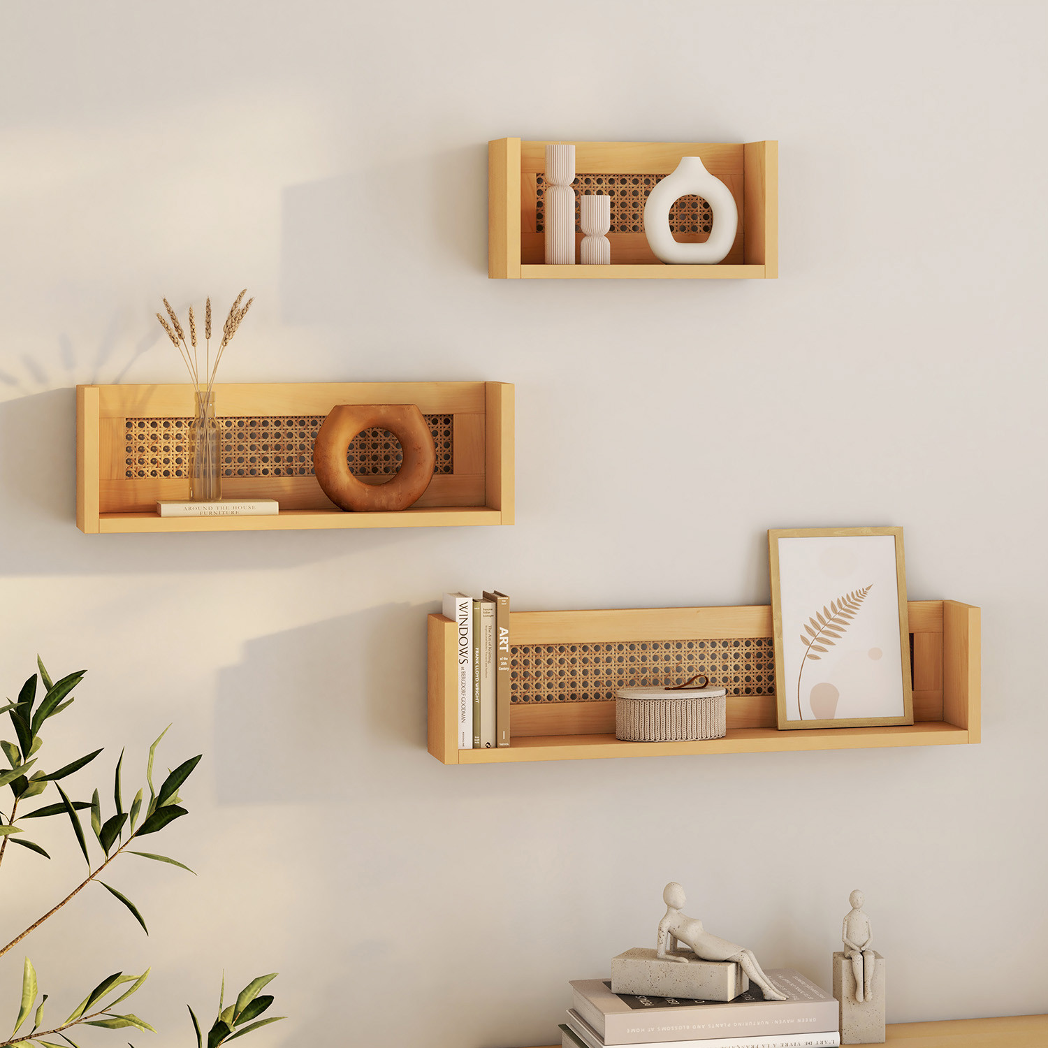 Lot de 3 étagères murales bois et cannage 60/45/30 cm