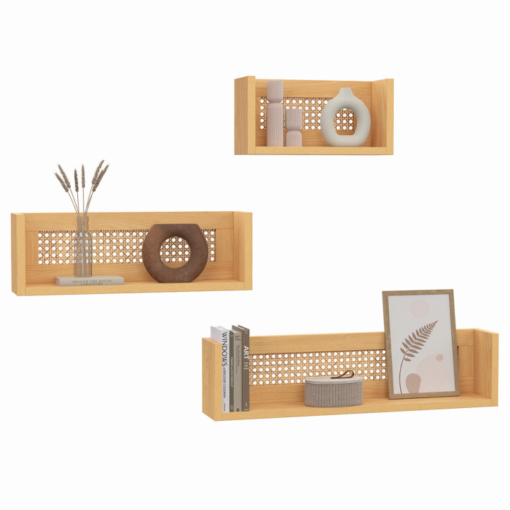 Lot de 3 étagères murales EDHEN effet naturel cannage 60/45/30 cm