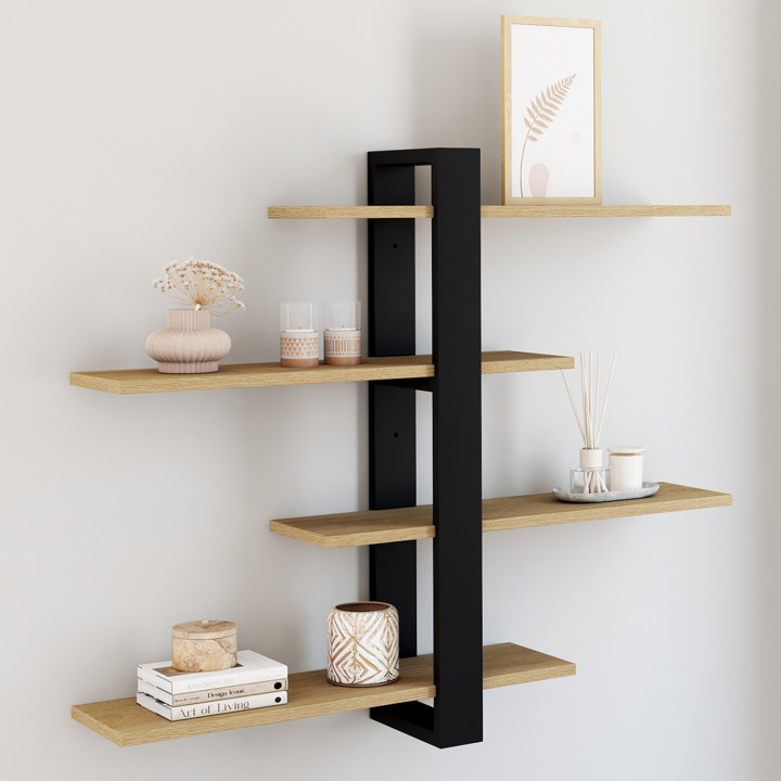 ORA wandplank met verschuifbare legborden, 4 niveaus, afwerking beuken en zwart