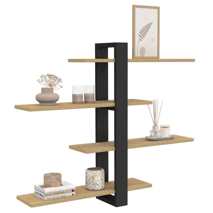ORA wandplank met verschuifbare legborden, 4 niveaus, afwerking beuken en zwart