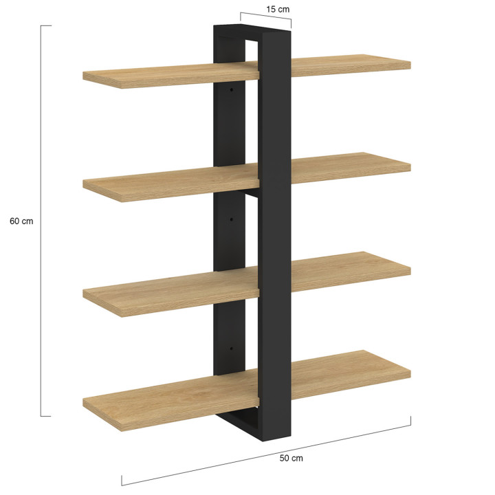 Estantería de pared ORA con estantes deslizantes, 4 niveles, acabado haya y negro