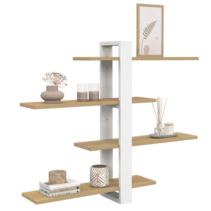 Vrijhangende boekenplank met schuifplanken ORA 4 niveaus in beuken en witte afwerking